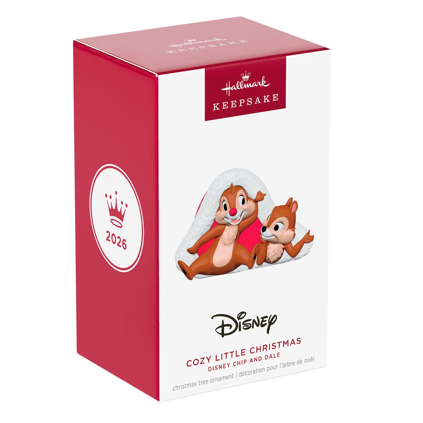 Disney Chip 'N Dale Cozy Little Christmas — 2026 Hallmark Keepsake Christmas Ornament packaging box featuring Dale and Chip with Santa hat detail.