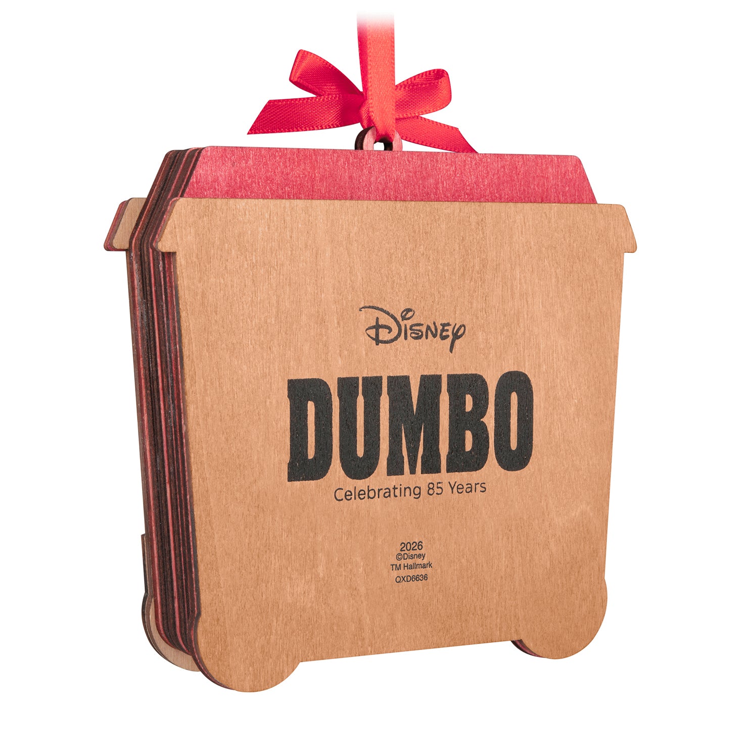 Disney Dumbo 85th Anniversary Mrs. Jumbo's Joy With Motion, Papercraft — 2026 Hallmark Keepsake Christmas Ornament in a decorative wooden frame with a red ribbon.