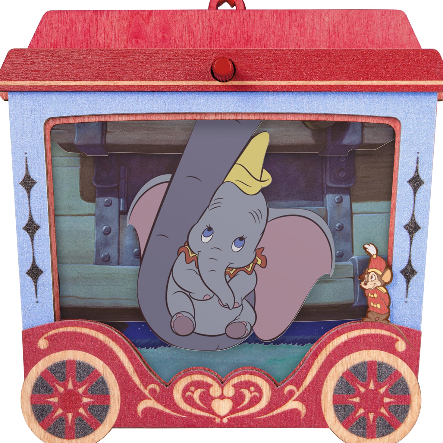 Disney Dumbo 85th Anniversary Mrs. Jumbo's Joy With Motion, Papercraft — 2026 Hallmark Keepsake Christmas Ornament featuring Dumbo and his trainer in a vibrant, vintage-style design.