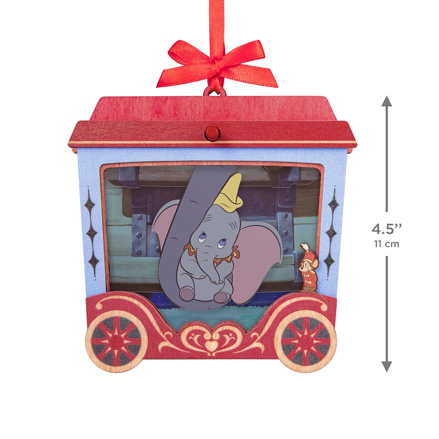 Disney Dumbo 85th Anniversary Mrs. Jumbo's Joy With Motion, Papercraft — 2026 Hallmark Keepsake Christmas Ornament in a decorative cart with Dumbo.