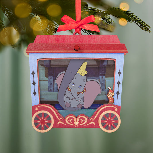 Disney Dumbo 85th Anniversary Mrs. Jumbo's Joy With Motion, Papercraft — 2026 Hallmark Keepsake Christmas Ornament, close-up view of intricate wood design.