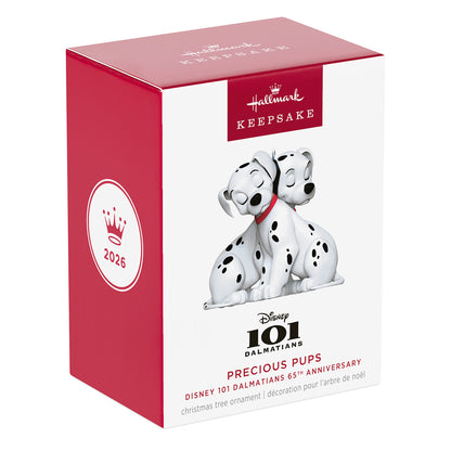 Disney 101 Dalmatians 65th Anniversary Precious Pups — 2026 Hallmark Keepsake Christmas Ornament box design featuring two snuggled pups.