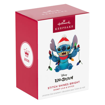 Disney Lilo & Stitch Shines Bright — 2026 Hallmark Keepsake Christmas Ornament packaging featuring Stitch in a Santa hat with Christmas lights.