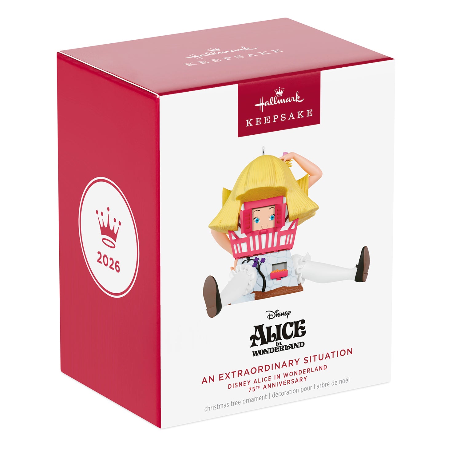 Disney Alice in Wonderland 75th Anniversary An Extraordinary Situation — 2026 Hallmark Keepsake Christmas Ornament in decorative gift box view.