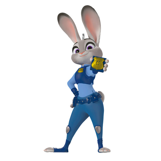 Disney Zootopia 10th Anniversary Officer Judy Hopps — 2026 Hallmark Keepsake Christmas Ornament, detailed close-up of Judy in blue police uniform holding badge.