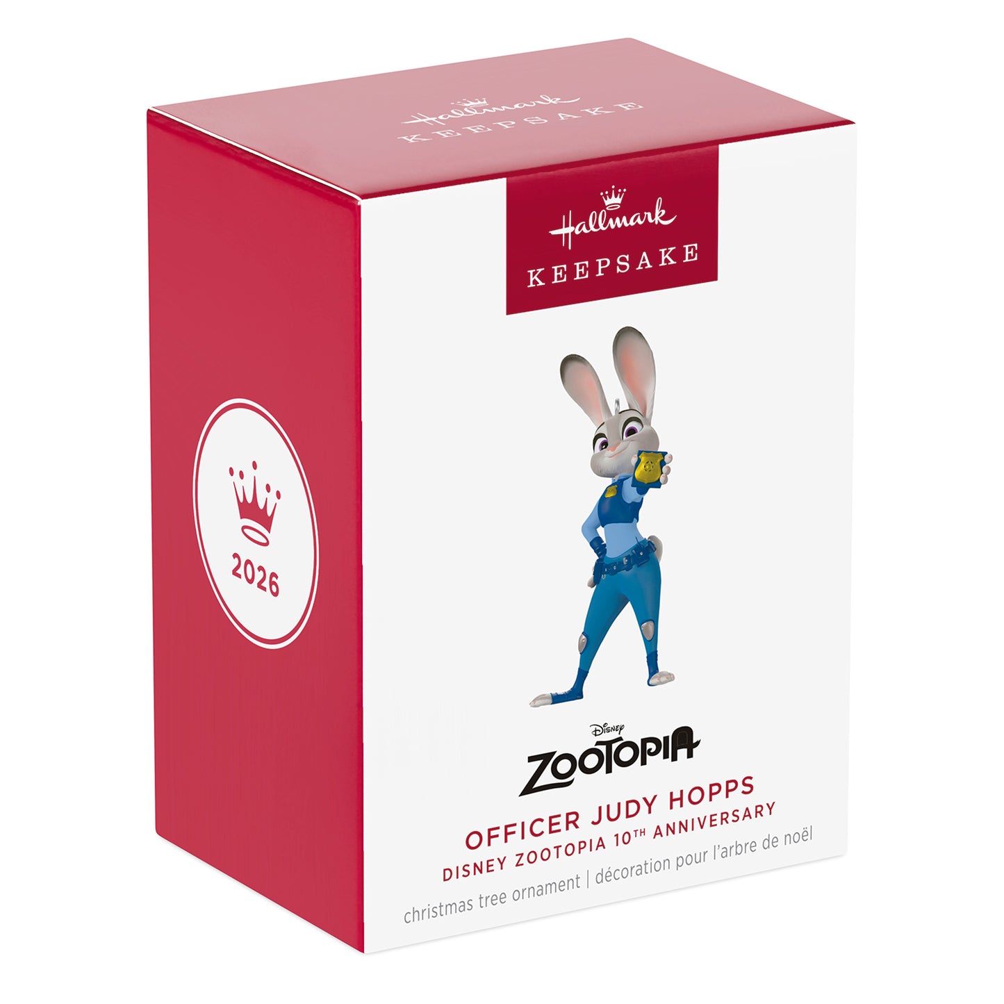 Disney Zootopia 10th Anniversary Officer Judy Hopps — 2026 Hallmark Keepsake Christmas Ornament in packaging, featuring bright red and white box.