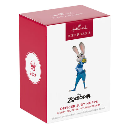 Disney Zootopia 10th Anniversary Officer Judy Hopps — 2026 Hallmark Keepsake Christmas Ornament in packaging, featuring bright red and white box.