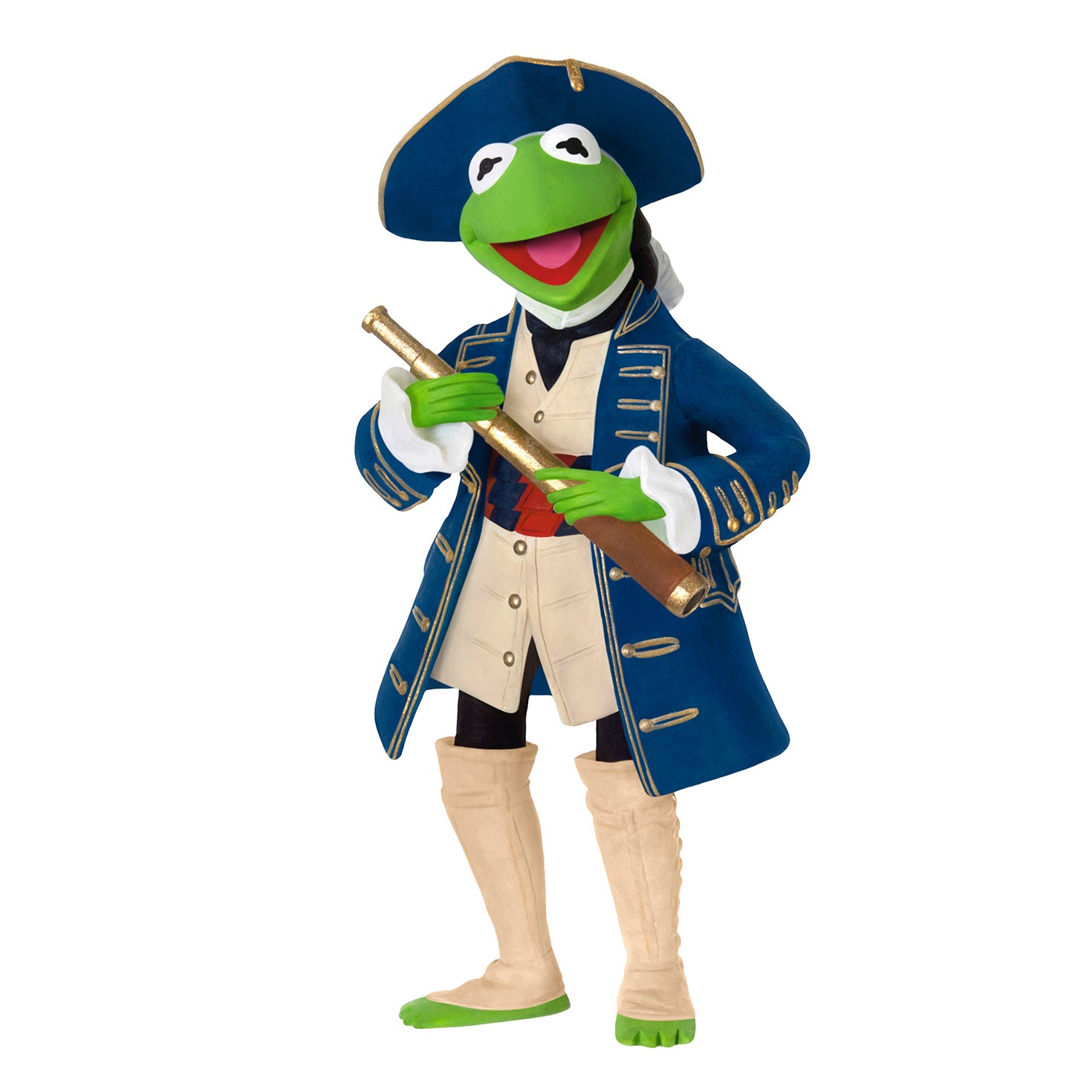Disney Muppet Treasure Island 30th Anniversary Kermit as Captain Smollett — 2026 Hallmark Keepsake Christmas Ornament, detailed shot, wearing a blue captain's coat and holding a telescope.