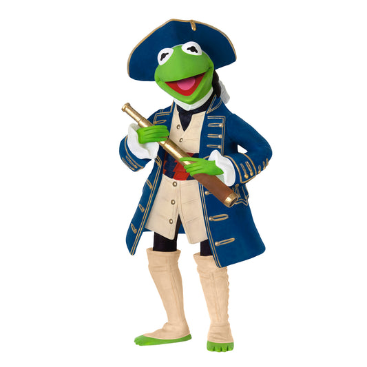 Disney Muppet Treasure Island 30th Anniversary Kermit as Captain Smollett — 2026 Hallmark Keepsake Christmas Ornament, detailed shot, wearing a blue captain's coat and holding a telescope.