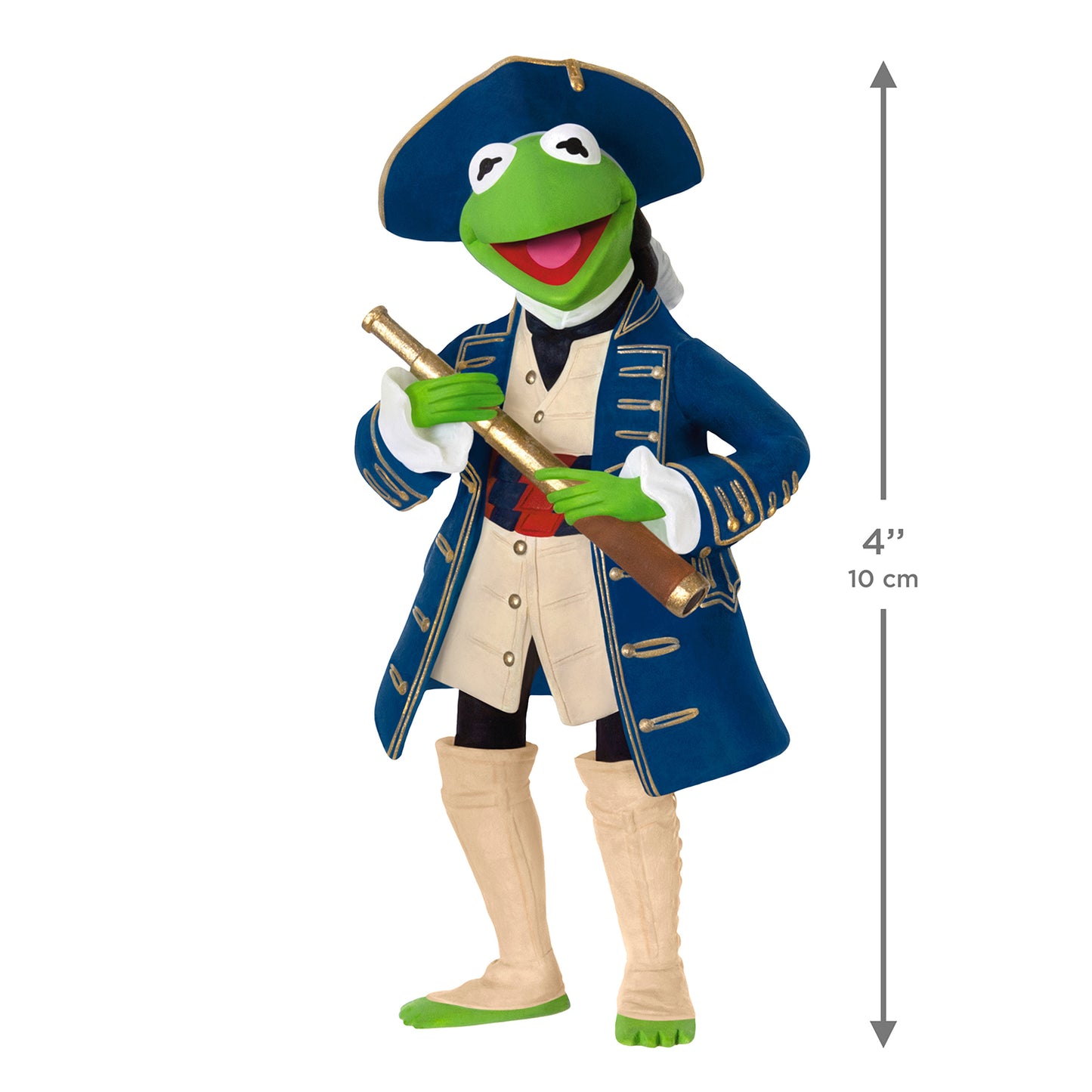 Disney Muppet Treasure Island 30th Anniversary Kermit as Captain Smollett — 2026 Hallmark Keepsake Christmas Ornament, 10 cm tall, dressed in pirate attire with a telescope.