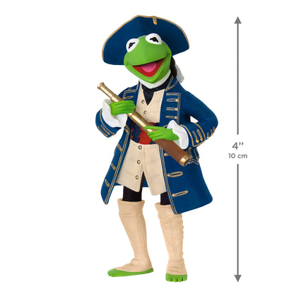 Disney Muppet Treasure Island 30th Anniversary Kermit as Captain Smollett — 2026 Hallmark Keepsake Christmas Ornament, 10 cm tall, dressed in pirate attire with a telescope.