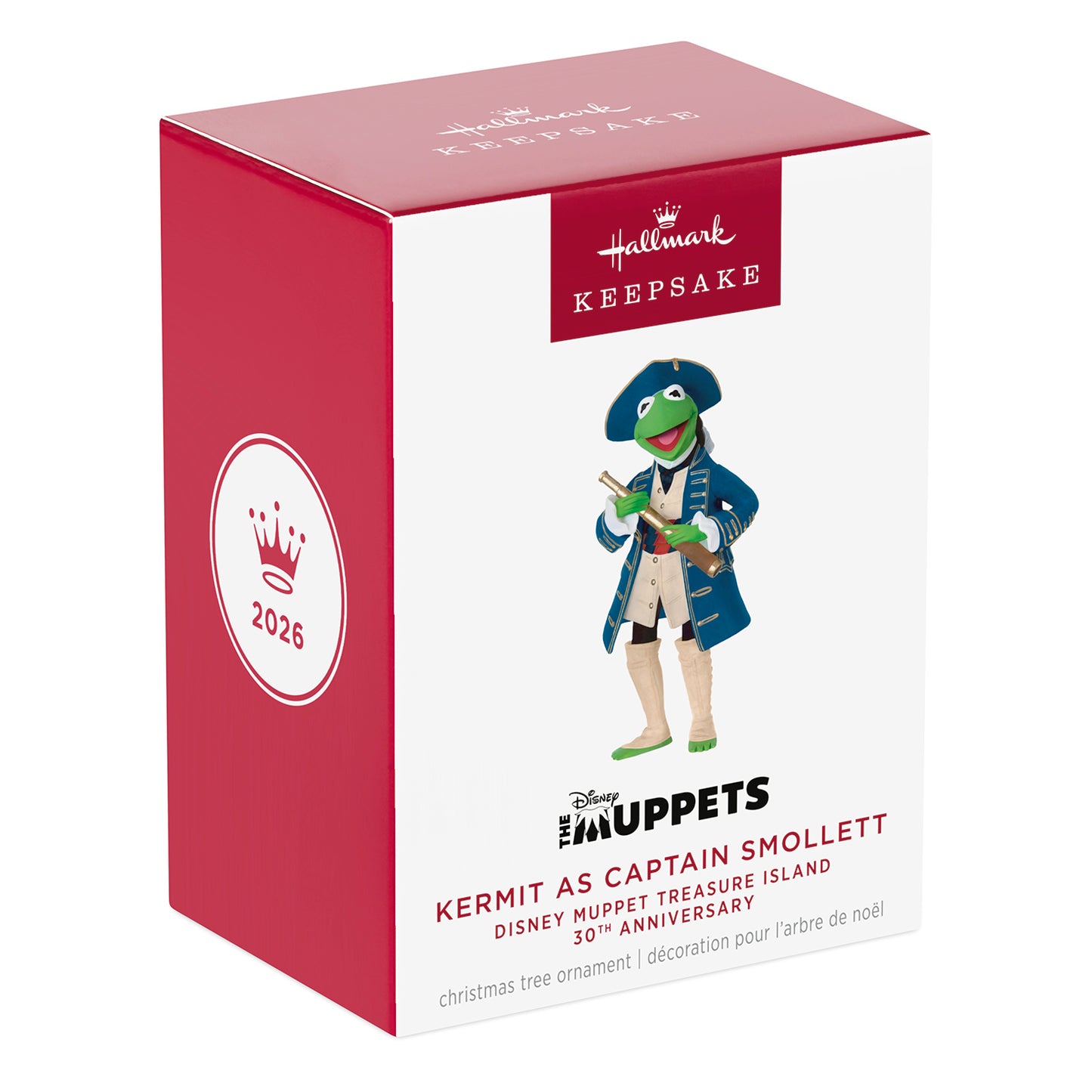 Disney Muppet Treasure Island 30th Anniversary Kermit as Captain Smollett — 2026 Hallmark Keepsake Christmas Ornament in festive packaging.