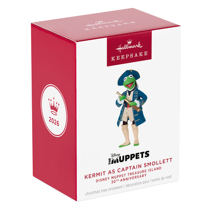 Disney Muppet Treasure Island 30th Anniversary Kermit as Captain Smollett — 2026 Hallmark Keepsake Christmas Ornament in festive packaging.