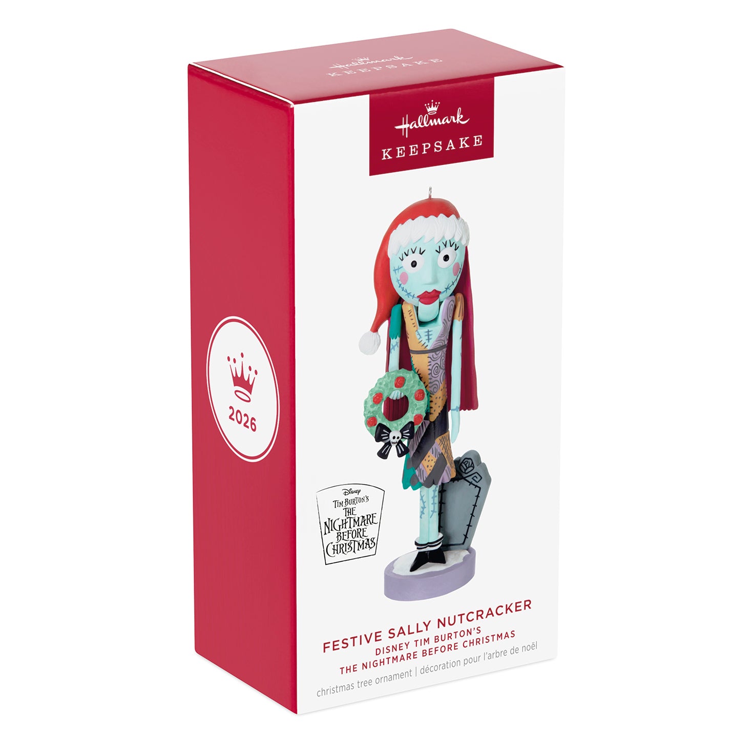 Disney Tim Burton's The Nightmare Before Christmas Festive Sally Nutcracker — 2026 Hallmark Keepsake Christmas Ornament in packaging, front view.
