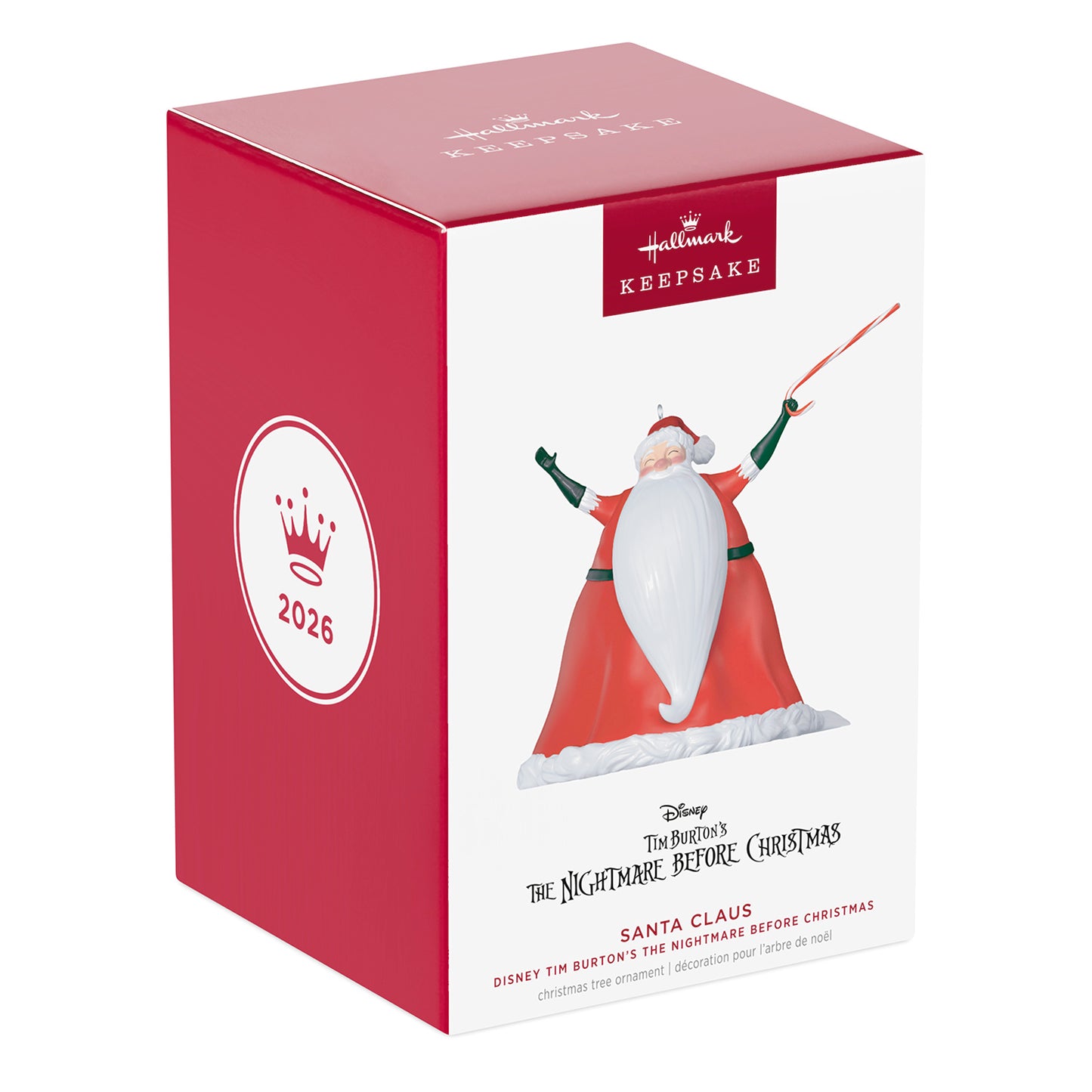 Disney Tim Burton's The Nightmare Before Christmas Santa Claus — 2026 Hallmark Keepsake Christmas Ornament in a red gift box, featuring detailed packaging.
