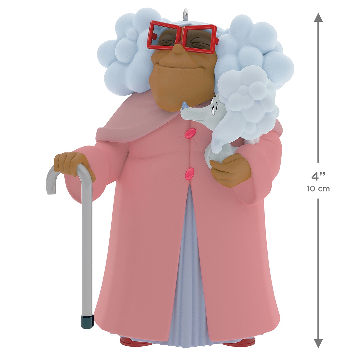Disney The Proud Family Louder and Prouder Suga Mama and Puff — 2026 Hallmark Keepsake Christmas Ornament, 10 cm tall, in pink housecoat holding white poodle.