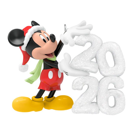 Disney Mickey Mouse A Year of Disney Magic 2026 — 2026 Hallmark Keepsake Christmas Ornament, festive Santa hat, 2026 snow sculpture, playful pose.