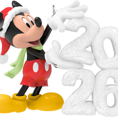 Disney Mickey Mouse A Year of Disney Magic 2026 — 2026 Hallmark Keepsake Christmas Ornament featuring Mickey holding a sparkly snow sculpture.