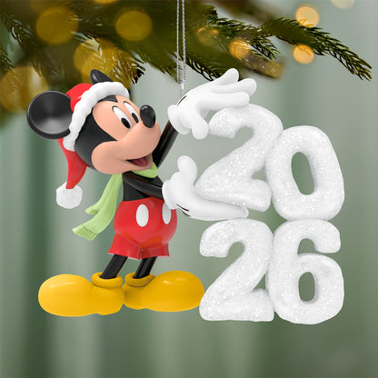 Disney Mickey Mouse A Year of Disney Magic 2026 — 2026 Hallmark Keepsake Christmas ornament in vibrant colours with a Santa hat and snow sculpture detail.