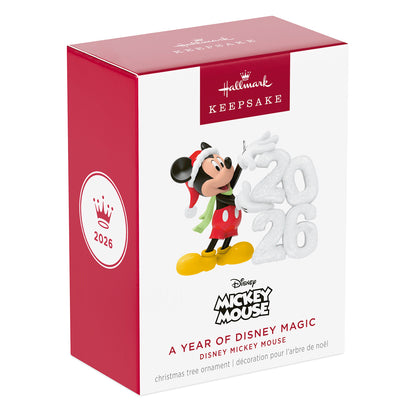 Disney Mickey Mouse A Year of Disney Magic 2026 Hallmark Keepsake Christmas ornament in festive packaging displaying the 2026 snow sculpture.