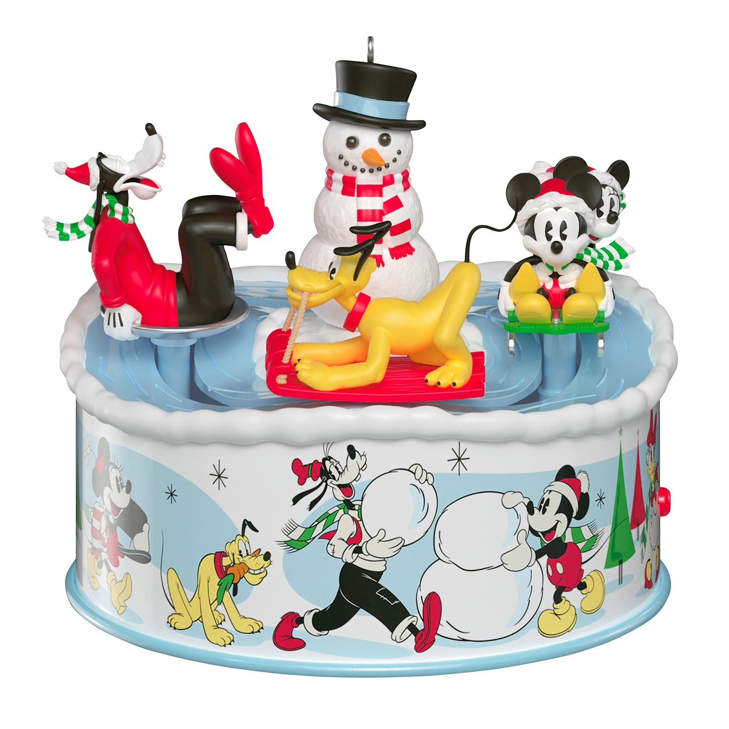 Disney Mickey and Friends Sledding Season Musical With Light and Motion — 2026 Hallmark Keepsake Christmas Ornament featuring characters sledding and a snowman, flat lay view.