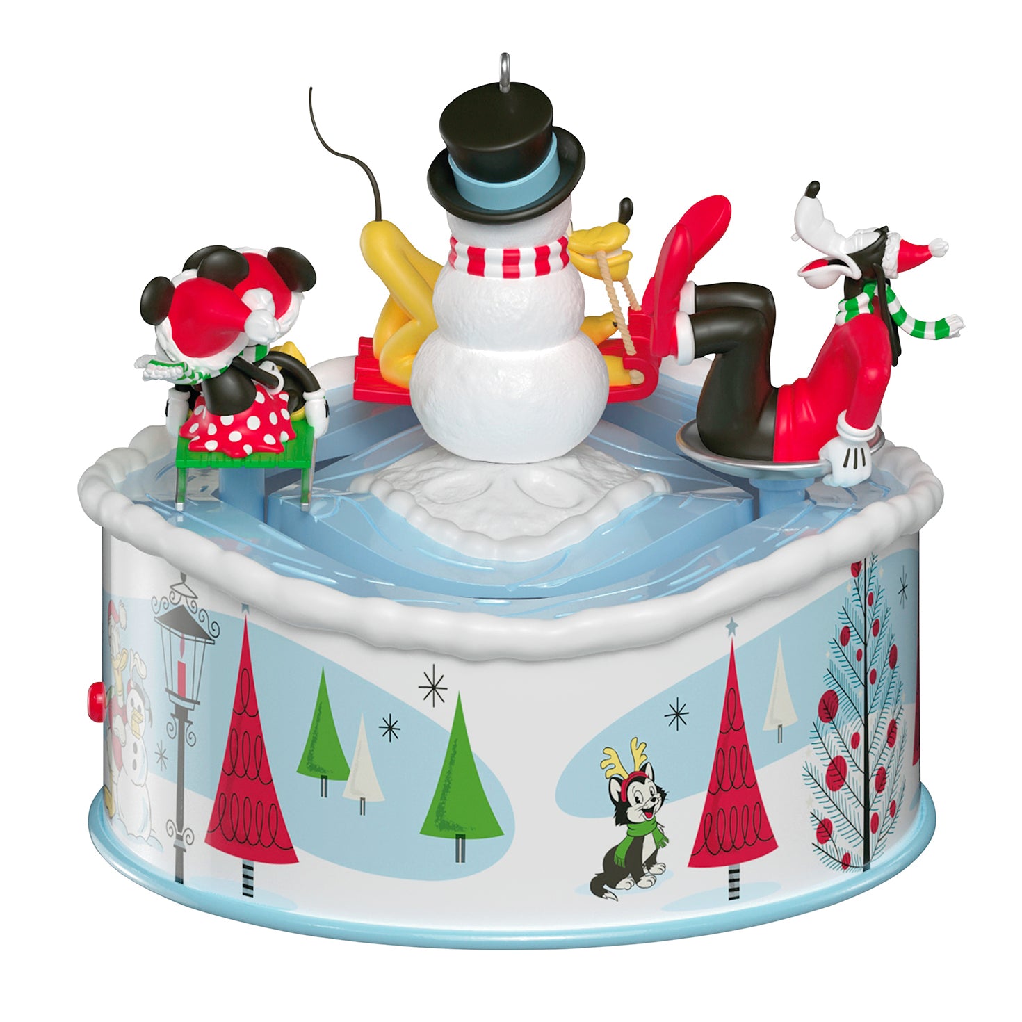 Disney Mickey and Friends Sledding Season Musical With Light and Motion — 2026 Hallmark Keepsake Christmas Ornament, top view showing snowman and characters.