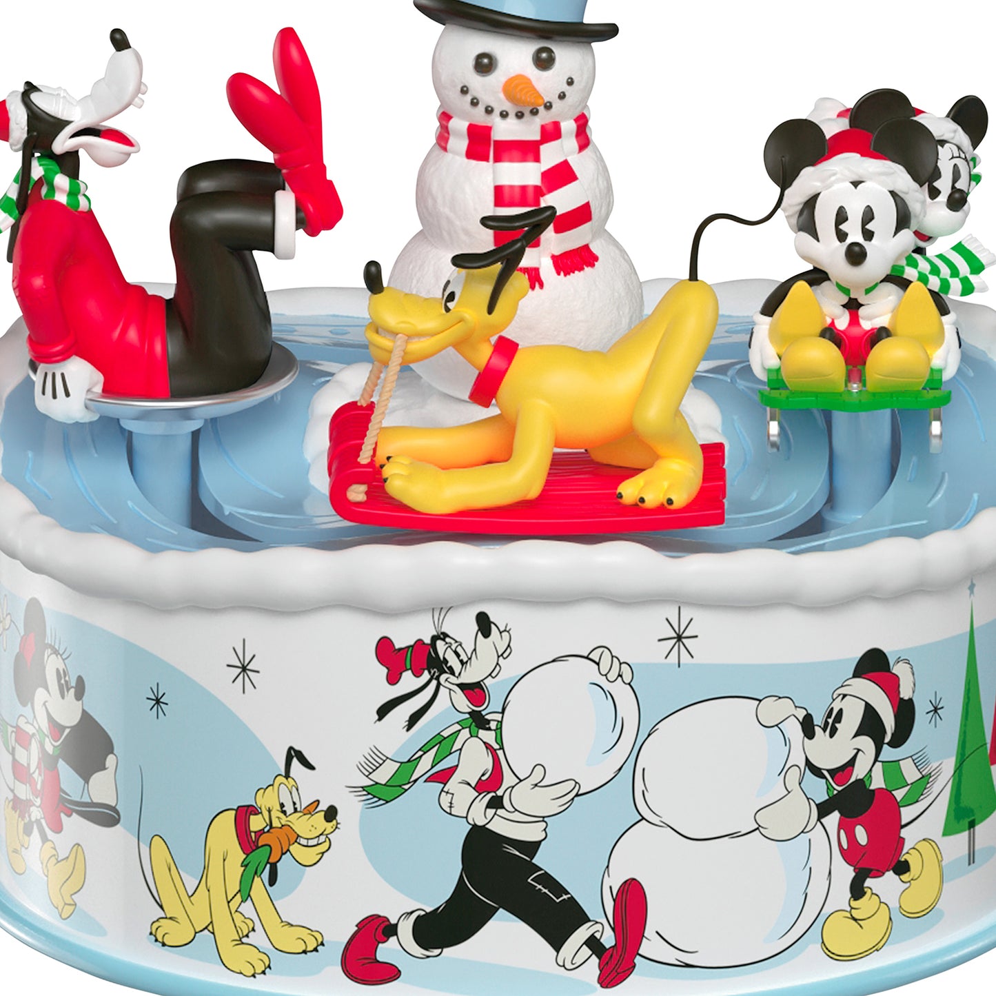 Disney Mickey and Friends Sledding Season Musical With Light and Motion — 2026 Hallmark Keepsake Christmas Ornament featuring Mickey, Minnie, Pluto and Goofy on a snowy scene.