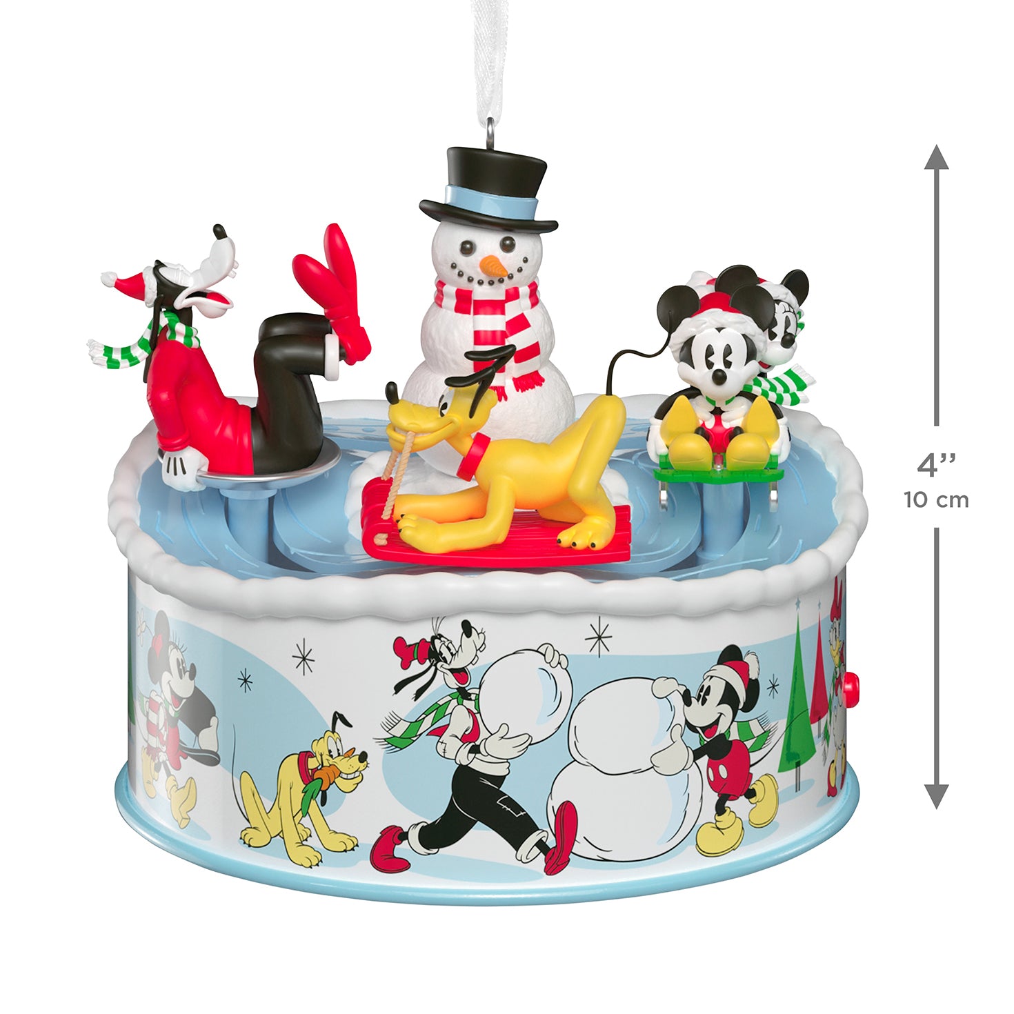 Disney Mickey and Friends Sledding Season Musical With Light and Motion — 2026 Hallmark Keepsake Christmas Ornament featuring vibrant colours and figurines of Mickey, Minnie, Pluto, Goofy, and a snowman.