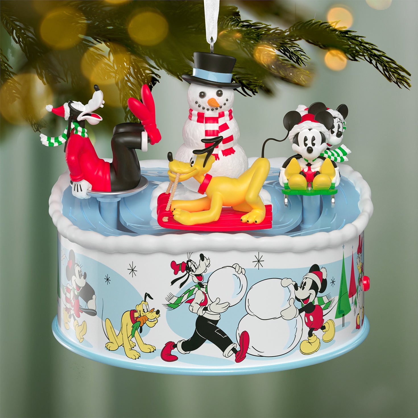 Disney Mickey and Friends Sledding Season Musical With Light and Motion — 2026 Hallmark Keepsake Christmas Ornament, close-up view of playful characters and snowman.
