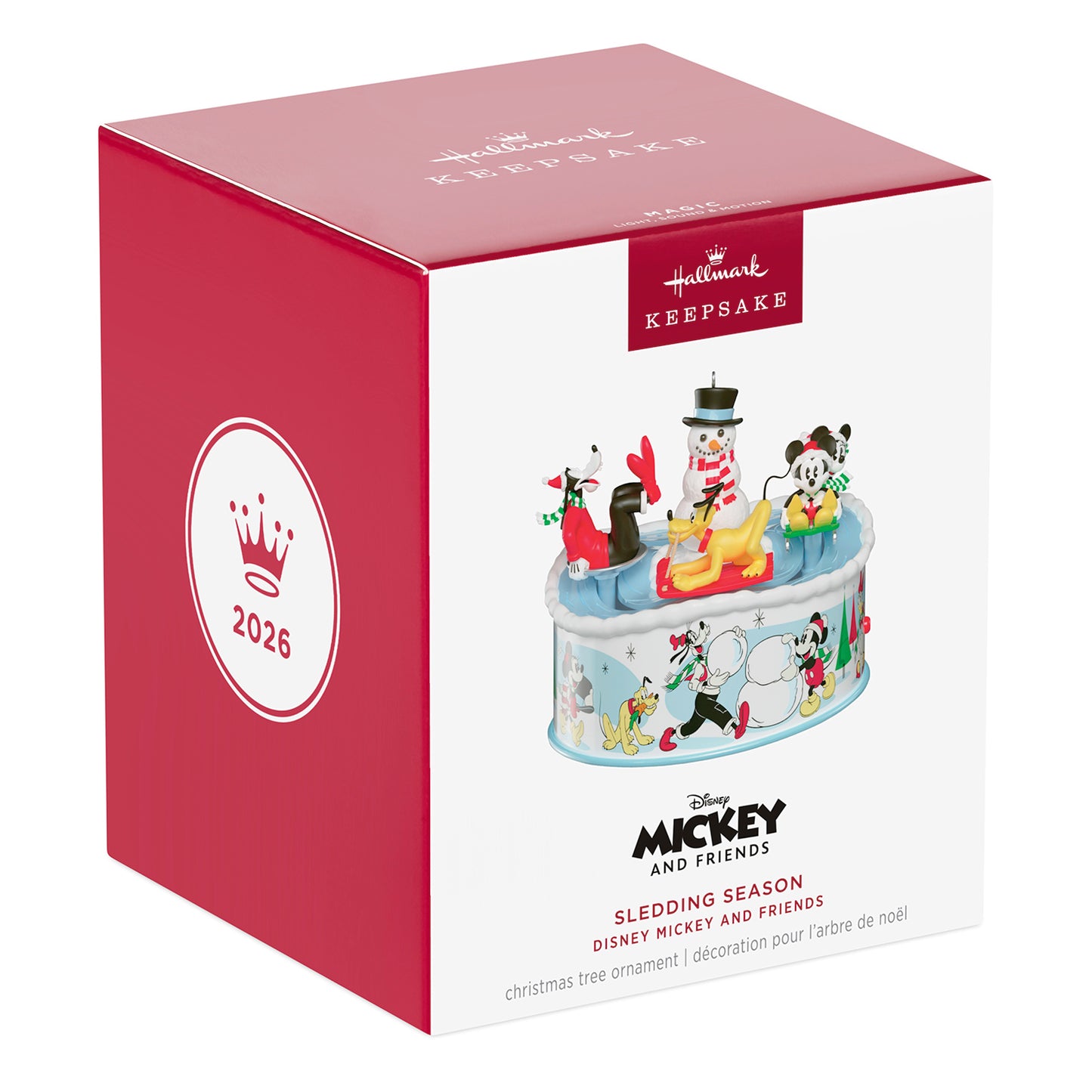 Disney Mickey and Friends Sledding Season Musical With Light and Motion — 2026 Hallmark Keepsake Christmas Ornament box packaging with festive design.