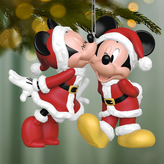 Disney Mickey and Minnie Merry Kissmas! — 2026 Hallmark Keepsake Christmas Ornament, colourful design, hanging from a tree, close up view.