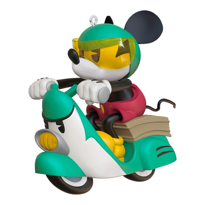 Disney Mickey Mouse Dashing All the Way — 2026 Hallmark Keepsake Christmas Ornament riding a scooter carrying baked goods in vibrant colours.