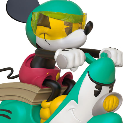 Disney Mickey Mouse Dashing All the Way — 2026 Hallmark Keepsake Christmas Ornament featuring Mickey in a helmet on a scooter, angled view.