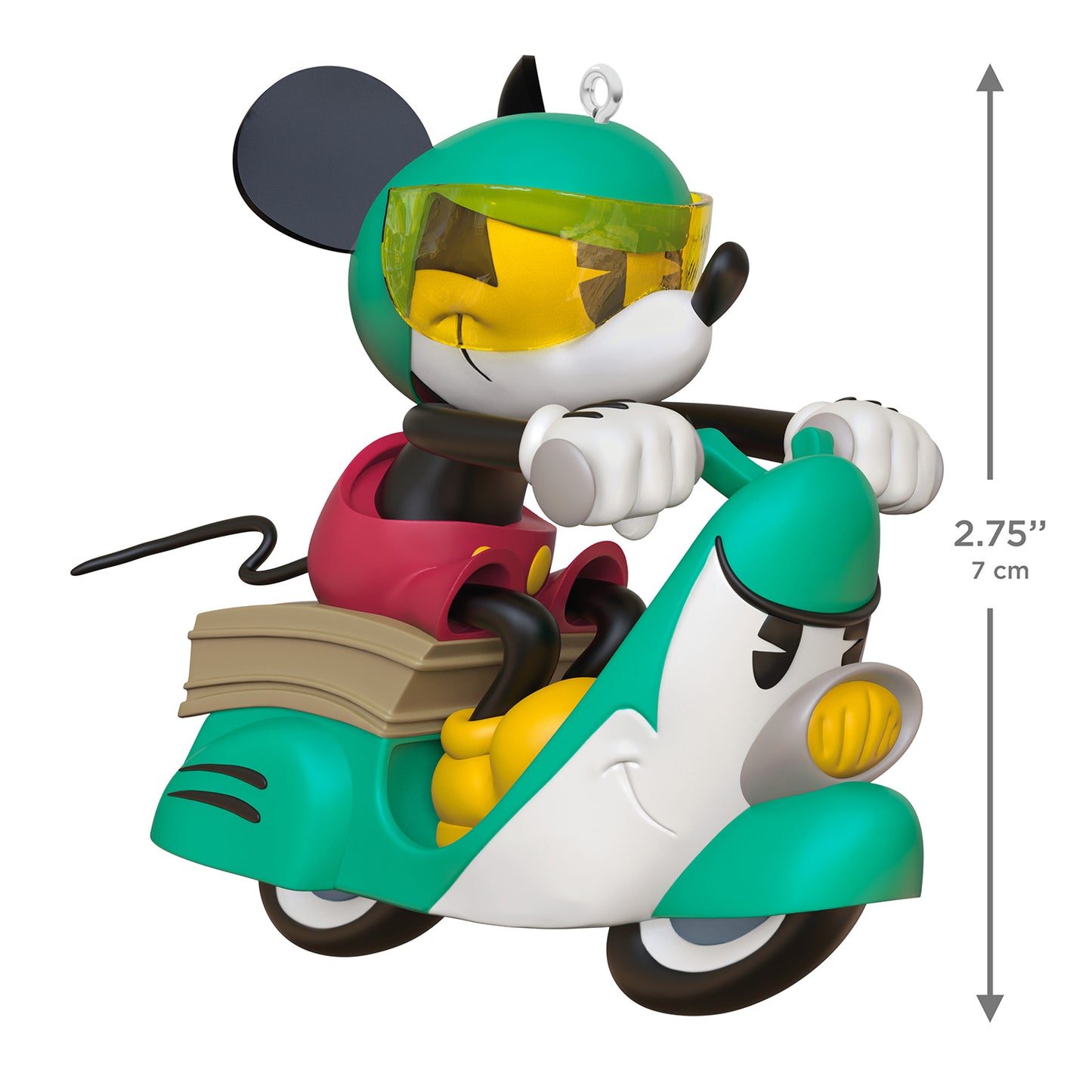 Disney Mickey Mouse Dashing All the Way — 2026 Hallmark Keepsake Christmas Ornament, colourful scooter design with books, close-up view.