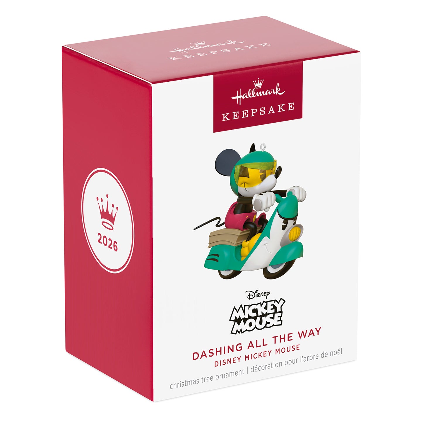 Disney Mickey Mouse Dashing All the Way — 2026 Hallmark Keepsake Christmas Ornament in decorative packaging, featuring a vibrant red and white box.