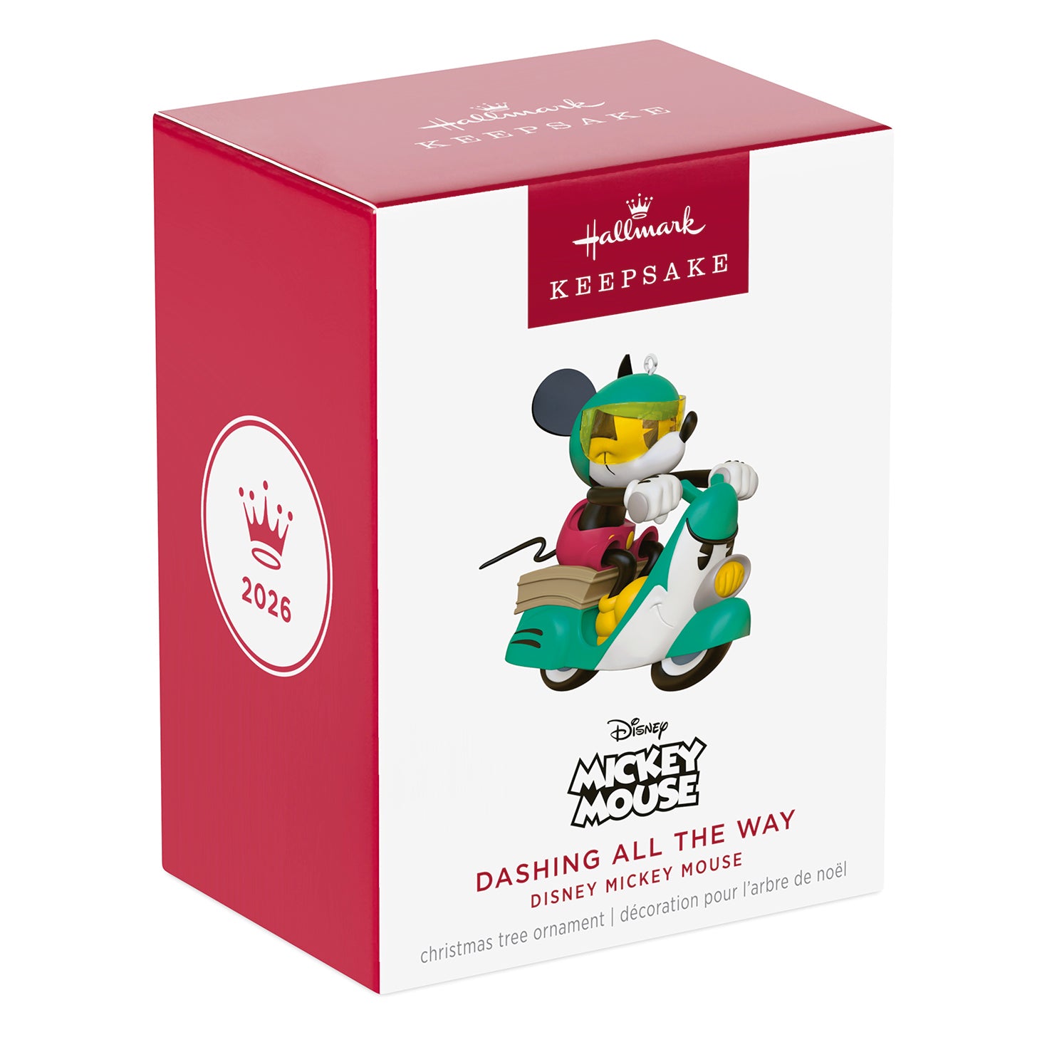 Disney Mickey Mouse Dashing All the Way — 2026 Hallmark Keepsake Christmas Ornament in decorative packaging, featuring a vibrant red and white box.