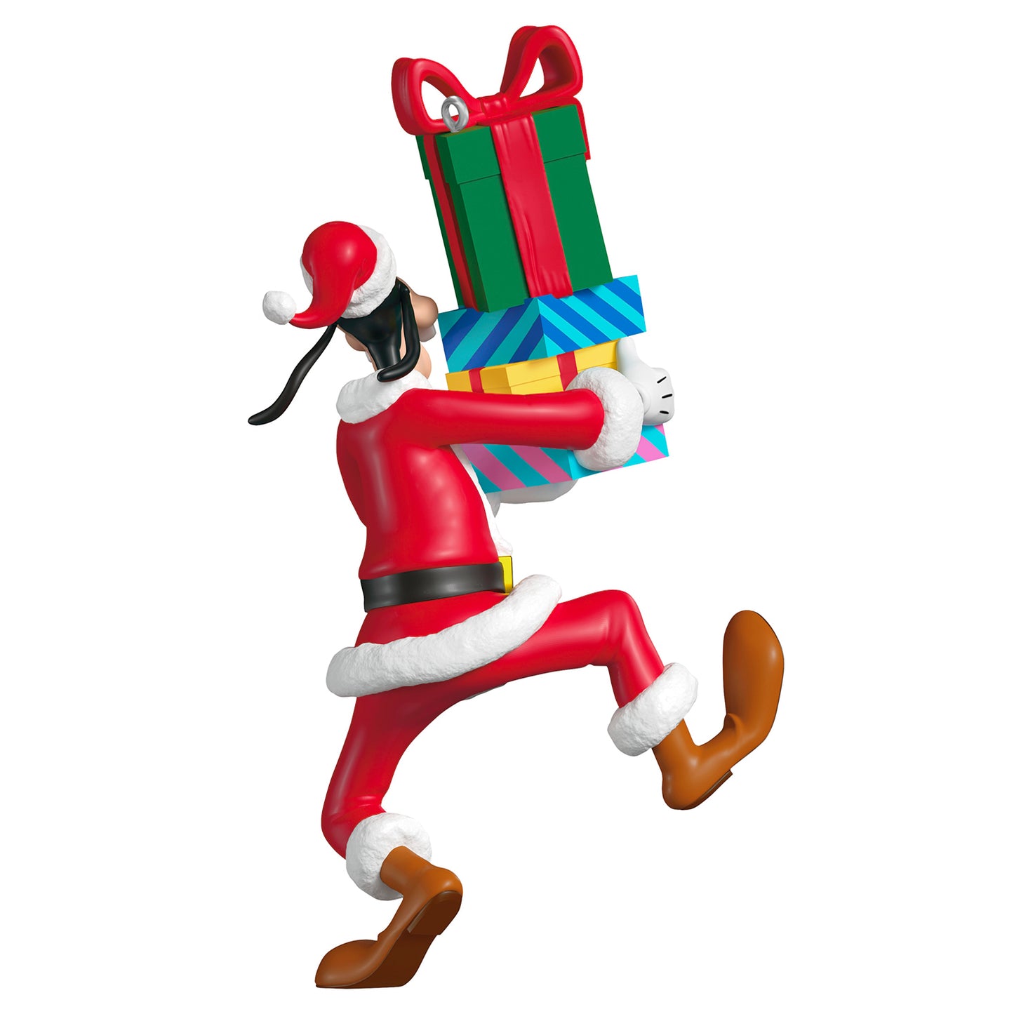 Disney Goofy Santa's Helper — 2026 Hallmark Keepsake Christmas Ornament, festive design, balancing colourful presents, side view