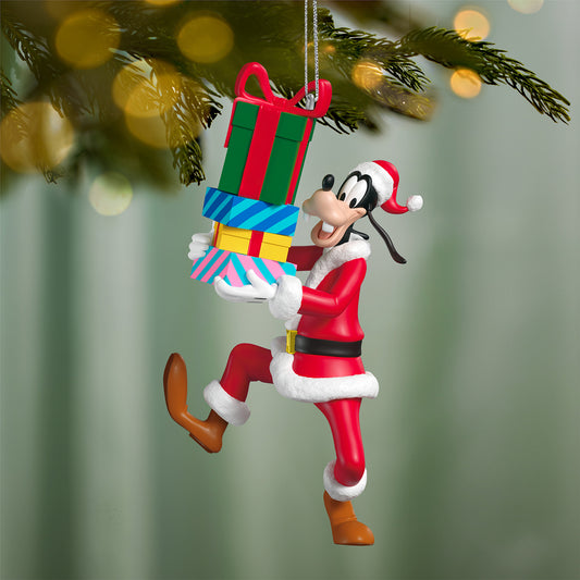 Disney Goofy Santa's Helper — 2026 Hallmark Keepsake Christmas Ornament, vibrant colours, Goofy in Santa outfit holding gifts, festive decoration.