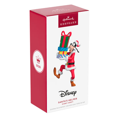 Disney Goofy Santa's Helper — 2026 Hallmark Keepsake Christmas Ornament in festive packaging with colourful gifts.