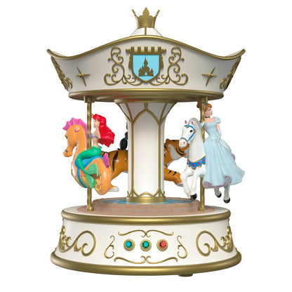 Disney Princess Dreams Go Round Musical With Light and Motion — 2026 Hallmark Keepsake Christmas Ornament,  carousel design with Cinderella, Ariel and Jasmine figures in vivid colours.