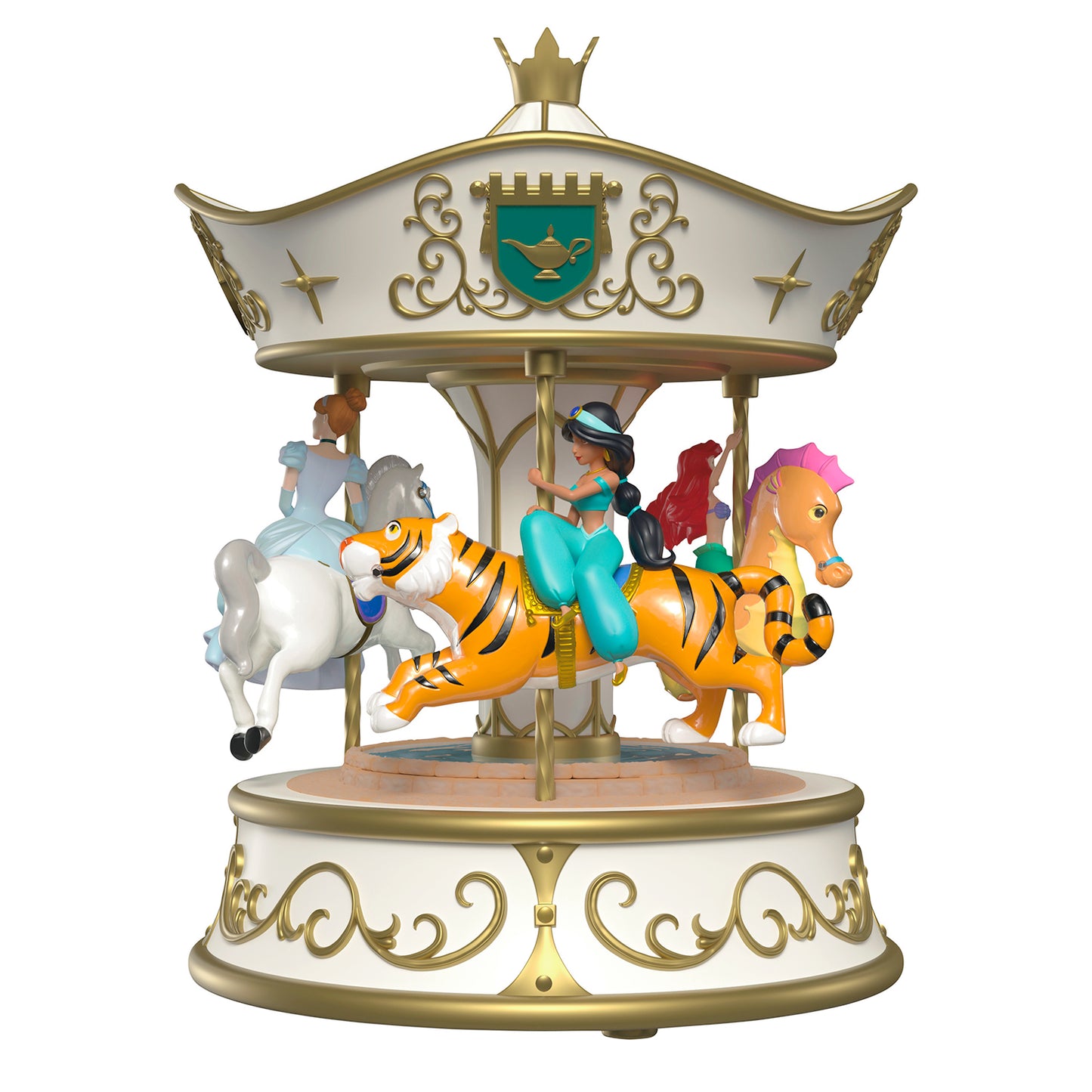 Disney Princess Dreams Go Round Musical With Light and Motion — 2026 Hallmark Keepsake Christmas Ornament featuring Cinderella, Ariel, and Jasmine on carousel animals in detailed view.