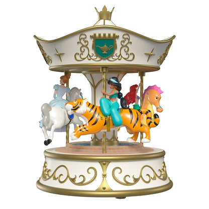 Disney Princess Dreams Go Round Musical With Light and Motion — 2026 Hallmark Keepsake Christmas Ornament featuring Cinderella, Ariel, and Jasmine on carousel animals in detailed view.