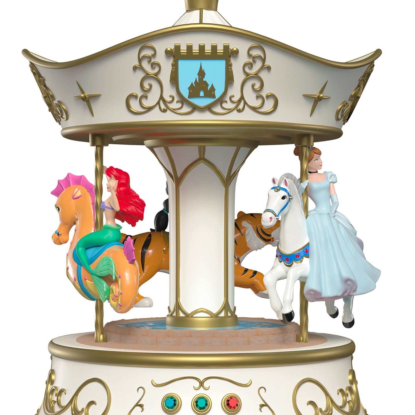 Disney Princess Dreams Go Round Musical With Light and Motion — 2026 Hallmark Keepsake Christmas Ornament featuring Cinderella, Ariel and Jasmine on carousel horses.