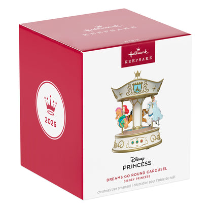 Disney Princess Dreams Go Round Musical With Light and Motion — 2026 Hallmark Keepsake Christmas Ornament packaging box featuring a colourful carousel design.