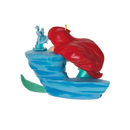 Disney The Little Mermaid Where the People Are — 2026 Hallmark Keepsake Christmas Ornament featuring Ariel by Prince Eric's statue, side view.