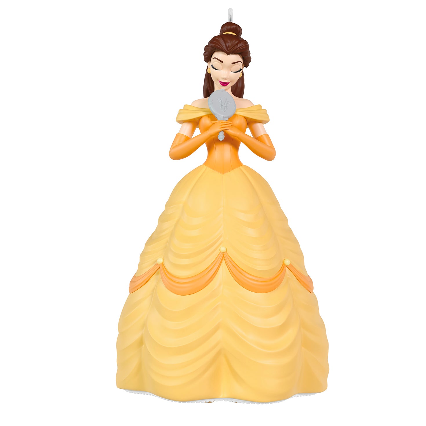 Disney Beauty and the Beast 35th Anniversary Belle With the Enchanted Mirror — 2026 Hallmark Keepsake Christmas Ornament in yellow gown holding a magic mirror.