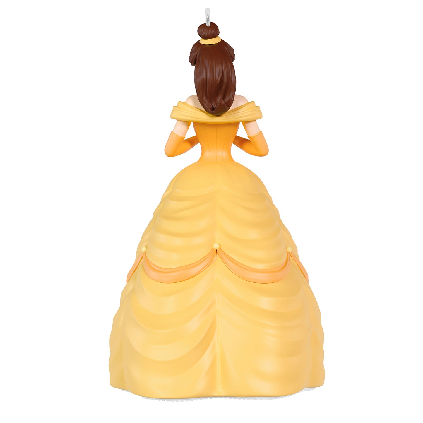 Disney Beauty and the Beast 35th Anniversary Belle With the Enchanted Mirror — 2026 Hallmark Keepsake Christmas Ornament, back view, detailed yellow ball gown, decorative hair.