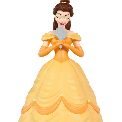 Disney Beauty and the Beast 35th Anniversary Belle With the Enchanted Mirror — 2026 Hallmark Keepsake Christmas Ornament, detailed view of Belle in yellow gown holding a magic mirror.
