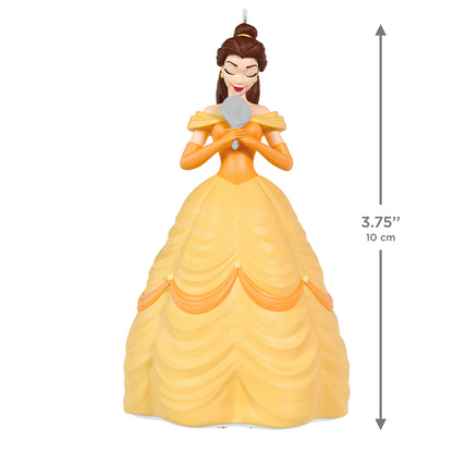 Disney Beauty and the Beast 35th Anniversary Belle With the Enchanted Mirror — 2026 Hallmark Keepsake Christmas Ornament, detailed view of Belle in yellow gown holding magic mirror, 10 cm height.