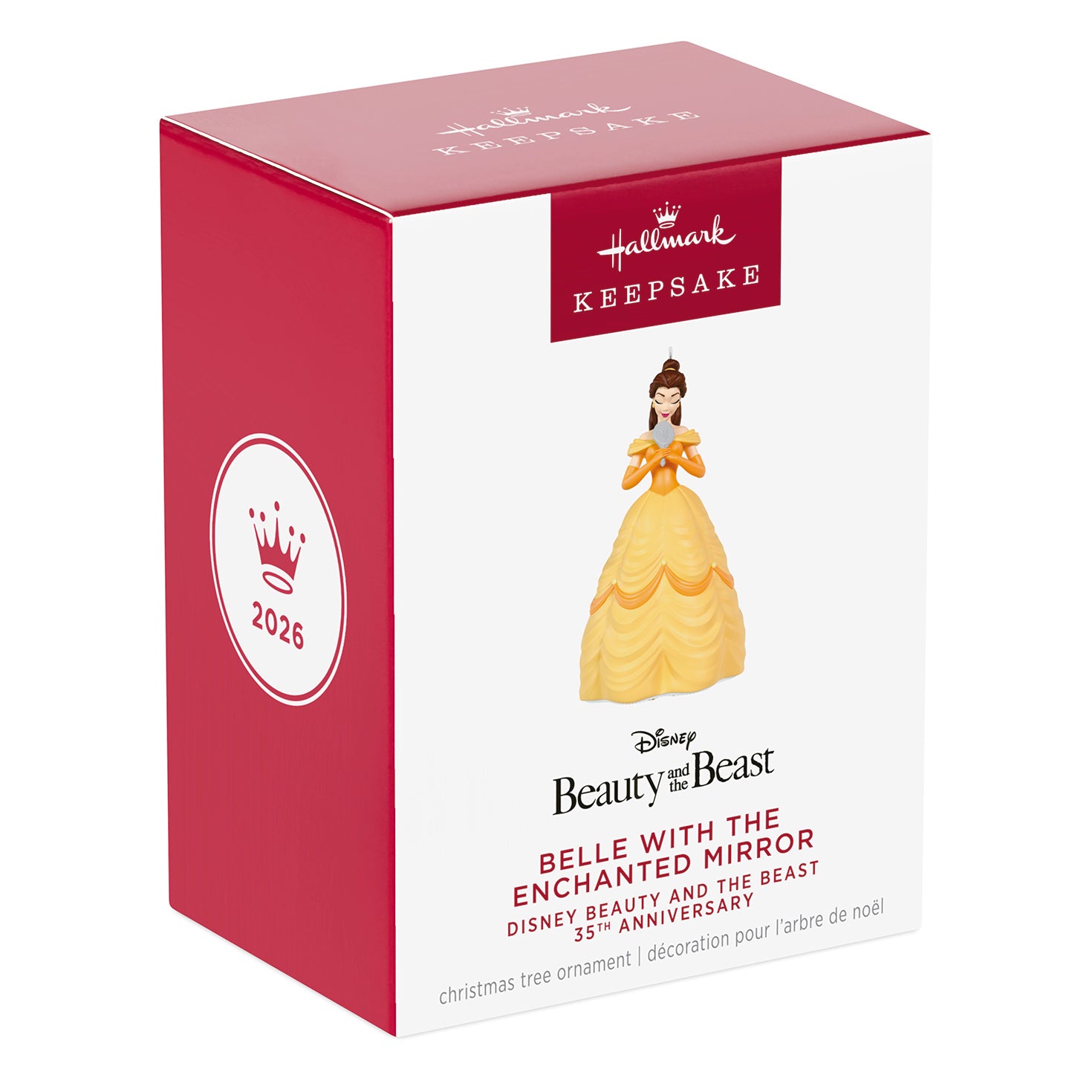 Disney Beauty and the Beast 35th anniversary Belle With the Enchanted Mirror — 2026 Hallmark Keepsake Christmas Ornament box packaging.